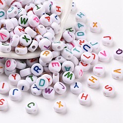 Letter A~Z Opaque White Acrylic Beads, Flat Round with Mixed Color Letter, Letter, 7x3.5mm, Hole: 1.2mm, about 4000pcs/500g