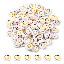 White Plating Acrylic Beads, Metal Enlaced, Flat Round with Heart, White, 7x4mm, Hole: 1.5mm