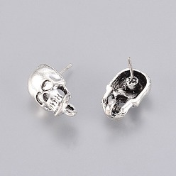 Antique Silver Tibetan Style Stud Earring Findings, with Loop, Lead Free & Nickel Free, Skull, Antique Silver, 16x9mm, Hole: 2mm, Pin: 1mm