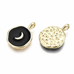 Noir Laiton émail pendentifs, réel 18 k plaqué or, sans nickel, plat rond avec la lune, noir, 17.5x13x3mm, Trou: 3x2mm