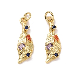 Real 18K Gold Plated Feather Brass Micro Pave Colorful Cubic Zirconia Pendants, with Jump Rings, Cadmium Free & Lead Free, Real 18K Gold Plated, 22.5x7.5x3.5mm, Hole: 3.4mm