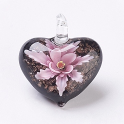 Pink Handmade Lampwork Pendants, Inner Flower, Heart, Pink, 38x33x16mm, Hole: 6x6mm