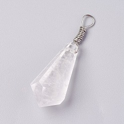 Cristal de Quartz Pendentifs en cristal de quartz, pendentifs en cristal de roche, avec les accessoires en laiton, cône, platine, 44~46x14~15mm, Trou: 4mm