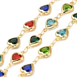 Mixed Color Heart Handmade Brass Glass Link Chains, Real 18K Gold Plated, Soldered, with Spool, Cadmium Free & Lead Free, Mixed Color, 12.5x7.5x2.5mm