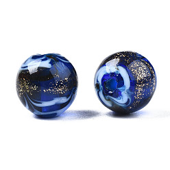 Medium Blue Handmade Gold Sand Lampwork Beads, Round, Medium Blue, 9~10x8~10mm, Hole: 1.6mm