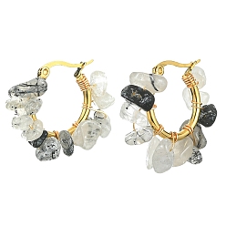 Tourmalinated Quartz Natural Tourmalinated Quartz Chips Braided Hoop Earrings, 304 Stainless Steel Wire Wrap Jewelry for Women, 25~27x28~33x7~9mm, Pin: 0.6mm