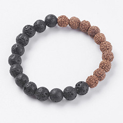 Mixed Stone Natural Lava Rock and Rudraksha Beads Stretch Bracelets, 2 inch(51mm)