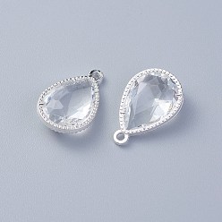 Clear Glass Pendants, with Eco-Friendly Alloy Open Back Berzel Findings, Faceted, teardrop, Silver Color Plated, Clear, 18x12x5mm, Hole: 1.4mm