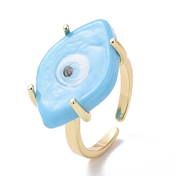 Deep Sky Blue Lampwork Oval with Evil Eye Open Cuff Ring, Real 18K Gold Plated Brass Lucky Jewelry for Women, Lead Free & Cadmium Free, Deep Sky Blue, US Size 6 1/4(16.7mm)