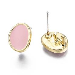 Pink Alloy Stud Earring Findings, with Raw(Unplated) Pins, Enamel and Loop, Oval, Light Gold, Pink, 11.5x9mm, Hole: 3mm, Pin: 0.7mm