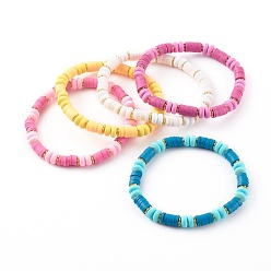 Couleur Mélangete Bracelets extensibles perlés heishi en pâte polymère faits à la main, avec des perles en laiton, or, couleur mixte, diamètre intérieur: 2-1/4 pouce (5.6 cm)