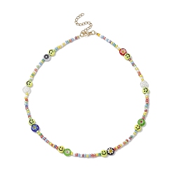 Colorful Flower & Smile Face Acrylic & Seed Beaded Necklace for Women, Colorful, 15.87 inch(40.3cm)