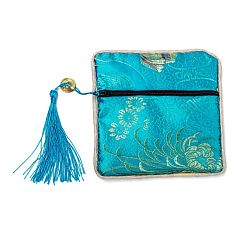 Deep Sky Blue Chinese Brocade Tassel Zipper Jewelry Bag Gift Pouch, Square with Flower Pattern, Deep Sky Blue, 11.5~11.8x11.5~11.8x0.4~0.5cm