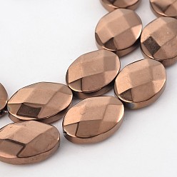 Copper Plated Electroplate Non-magnetic Synthetic Hematite Oval Bead Strands, Faceted, Copper Plated, 18x13x5mm, Hole: 1mm, about 22pcs/strand, 15.9 inch