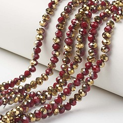 Rojo Oscuro Electrochapa hilos de perlas de vidrio opacas, medio de oro chapado, facetados, Rondana plana, de color rojo oscuro, 3.5x3 mm, agujero: 0.4 mm, sobre 123~127 unidades / cadena, 13.7~14.1 pulgada (35~36 cm)