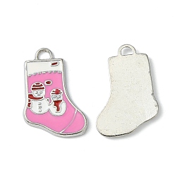 Hot Pink Alloy Enamel Pendants, Christmas Stockings Charms for Holiday Jewelry Making, Lead Free and Cadmium Free, Platinum Metal Color, Hot Pink, 24~26x15~16x2mm, Hole: 2mm