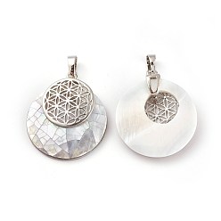Shell Shell Pendants, Spiritual Charms, with Platinum Tone Brass Findings, Flat Round with Flower of Life/Sacred Geometry, 32~32.5x28x7~7.5mm, Hole: 5x8mm