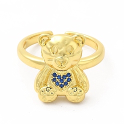 Midnight Blue Cubic Zirconia Bear with Heart Open Cuff Ring, Golden Brass Jewelry for Women, Midnight Blue, Inner Diameter: 17mm