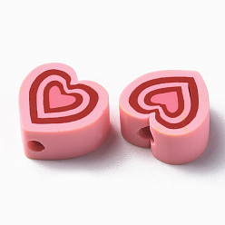 Pink Abalorios de la arcilla de polímero hechos a mano, corazón, rosa, 7.5~11x7~11x4~5 mm, agujero: 1.8 mm