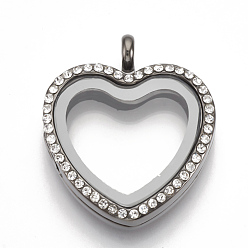 Gunmetal Alloy Magnetic Locket Pendants, with Rhinestone and Glass, Heart, Crystal, Gunmetal, 35x30x8mm, Hole: 4mm, Inner Measure: 20x22mm