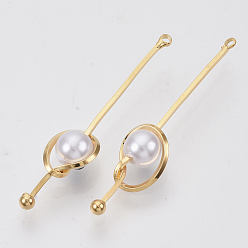 Real 18K Gold Plated Brass Pendants, Real 18K Gold Plated, with ABS Plastic Imitation Pearl, Nickel Free, 37~38x8x6mm, Hole: 1.2mm