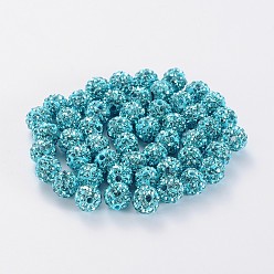 Aquamarine Pave Disco Ball Beads, Polymer Clay Rhinestone Beads, Grade A, Aquamarine, PP13(1.9~2mm), 10mm, Hole: 1mm