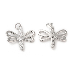 Real Platinum Plated Brass & Cubic Zirconia Pendants, Dragonfly Charm, Real Platinum Plated, 20x22x3mm, Hole: 3mm