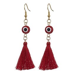 Red Evil Eye Lampwork & Tassel Earrings, Golden Iron Long Dangle Earrings, Red, 70~72x17~22mm