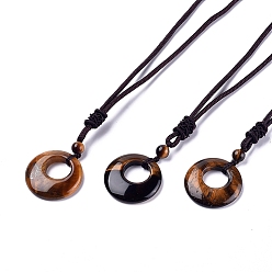 Tiger Eye Natural Tiger Eye Pendant Necklaces, with Nylon Cord, Flat Round, 27.16 inch(69cm), 2mm