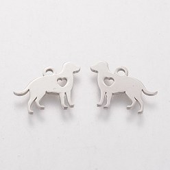 Stainless Steel Color 304 Stainless Steel Puppy Silhouette Charms, Dog with Heart, Stainless Steel Color, 11x15.5x1mm, Hole: 1.5mm