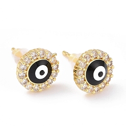 Black Enamel Evil Eye Stud Earrings with Clear Cubic Zirconia, Gold Plated Brass Jewelry for Women, Cadmium Free & Lead Free, Black, 9mm, Pin: 0.8mm