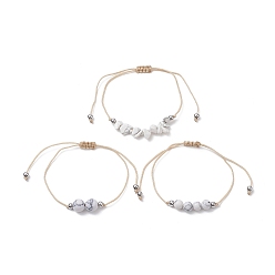 Howlite 3 pcs 3 ensemble de bracelets de perles tressées en howlite synthétique de style, bracelets réglables en fil de nylon pour femmes, diamètre intérieur: 3-3/8 pouce (8.5 cm), 1 pc / style