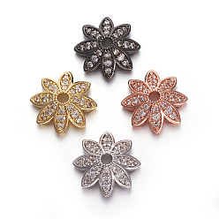 Mixed Color Brass Micro Pave Cubic Zirconia Bead Cap, 8-Petal, Flower, Clear, Mixed Color, 12x12x4mm, Hole: 1.8mm