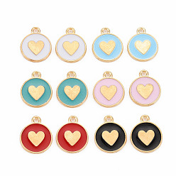 Mixed Color Alloy Enamel Pendants, Cadmium Free & Lead Free, Light Gold, Flat Round with Heart, Mixed Color, 16x13x2mm, Hole: 1.6mm