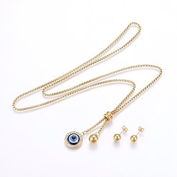 Golden 304 Stainless Steel Jewelry Sets, Pendant Necklaces and Stud Earrings, with Enamel and Rhinestone, Flat Round, Golden, Necklace: 29.9 inch(76cm), Earrings: 20x8mm, Pin: 0.8mm
