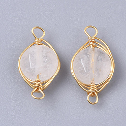 Quartz Crystal Natural Quartz Crystal Links Connectors, Rock Crystal, Wire Wrapped Links, with Golden Tone Brass Wires, Faceted, Flat Round, 17~21x9~11x5~7mm, Hole: 1.2~1.5mm