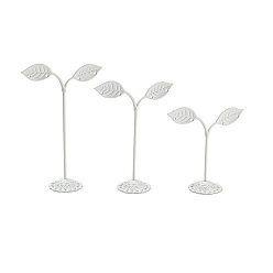 Blanco 3 tamaños de hojas de brotes de frijol exhibidores de aretes de hierro, estante de exhibición de la joyería, blanco, 8.4~8.6x3.45~3.5x8.8~14 cm, agujero: 2.3 mm