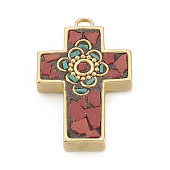 Red Handmade Indonesia Pendants, with Raw(Unplated) Brass Findings, Cross, Red, 36x23x6mm, Hole: 3mm