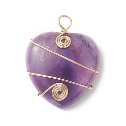 Amethyst Natural Amethyst Copper Wire Wrapped Pendants, Heart Charms, Light Gold, 37.5~39x31~31.5x9~9.5mm, Hole: 4.5mm