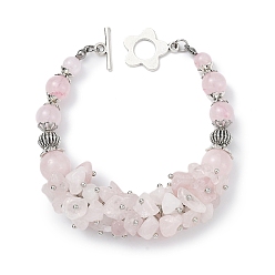 Quartz Rose Bracelets de perles en quartz rose naturel, avec fermoirs en alliage de style tibétain à fleurs, 7-1/2 pouce (19 cm)