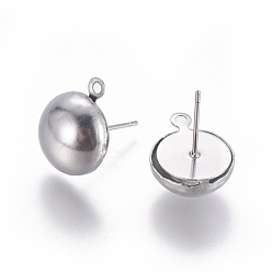 Stainless Steel Color Stainless Steel Stud Earring Findings, with Loop, Half Round, Stainless Steel Color, 14.5x12mm, Hole: 1.4mm, Pin: 0.7mm