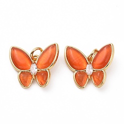 Orange Red Butterfly Brass Micro Pave Clear Cubic Zirconia Pendants, with Cat Eye, with Jump Rings, Cadmium Free & Lead Free, Real 18K Gold Plated, Orange Red, 15.5x17.5x4mm, Hole: 3.2mm