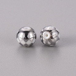 Platinum Plated Electroplate Glass Beads, Round with Grid Pattern, Platinum Plated, 10mm, Hole: 1.2mm
