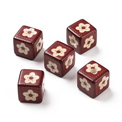 Brun Perles acryliques imprimés opaques, cube avec motif de fleurs, brun, 13.5x13.5x13.5mm, Trou: 3.8mm