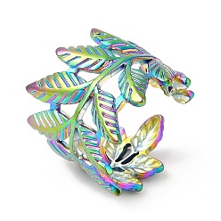 Rainbow Color Ion Plating(IP) 201 Stainless Steel Open Cuff Ring, Leaf Ring for Women,  Wide Band Ring, Rainbow Color, US Size 6 3/4(17.1mm), 11.5~20mm
