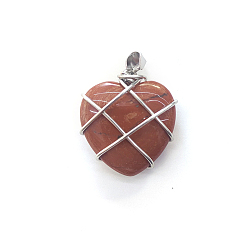 Red Jasper Natural Red Jasper Copper Wire Wrapped Pendants, Heart Charms, Silver Color, 20mm