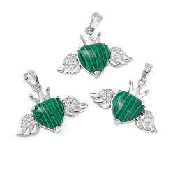 Malachite Synthetic Malachite Pendants, Heart Charms with Wings & Crown, with Platinum Tone Brass Crystal Rhinestone Findings, 26x35.5x8mm, Hole: 8x5mm