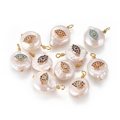 Mixed Color Natural Cultured Freshwater Pearl Pendants, with Cubic Zirconia and Brass Findings, Flat Round with Eyes, Golden, Mixed Color, 12~17x12~16mm, Hole: 1.8mm