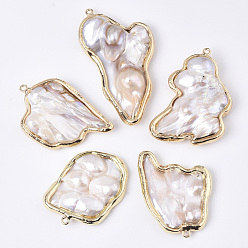 Seashell Color Natural Baroque Pearl Keshi Pearl, Cultured Freshwater Pearl Big Pendants, with Brass Loops, Nuggets, Edge Golden Plated, Seashell Color, 44.5~63x32~34.5x7~11mm, Hole: 1.8mm
