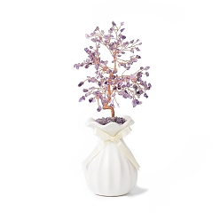 Amethyst Natural Amethyst Chips with Brass Wrapped Wire Money Tree on Ceramic Vase Display Decorations, for Home Office Decor Good Luck , 150x81x280mm